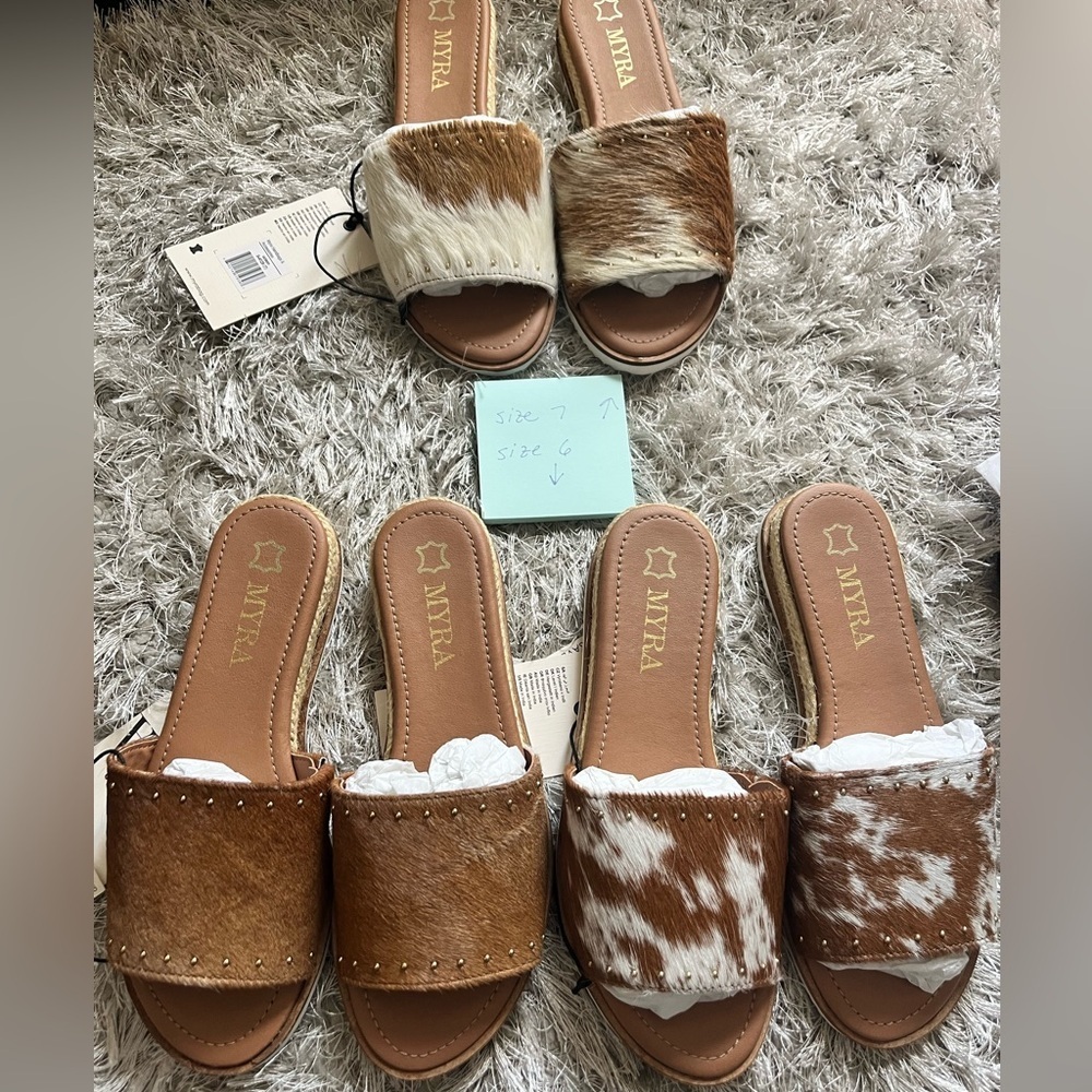Myra Bag Cowhide Slide Sandals in Brown and White - Picture 5 of 7